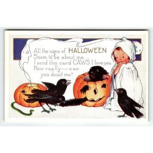 Whitney Vintage 1907-1915 Halloween Postcard Black Crows Cat Girl JOL Antique